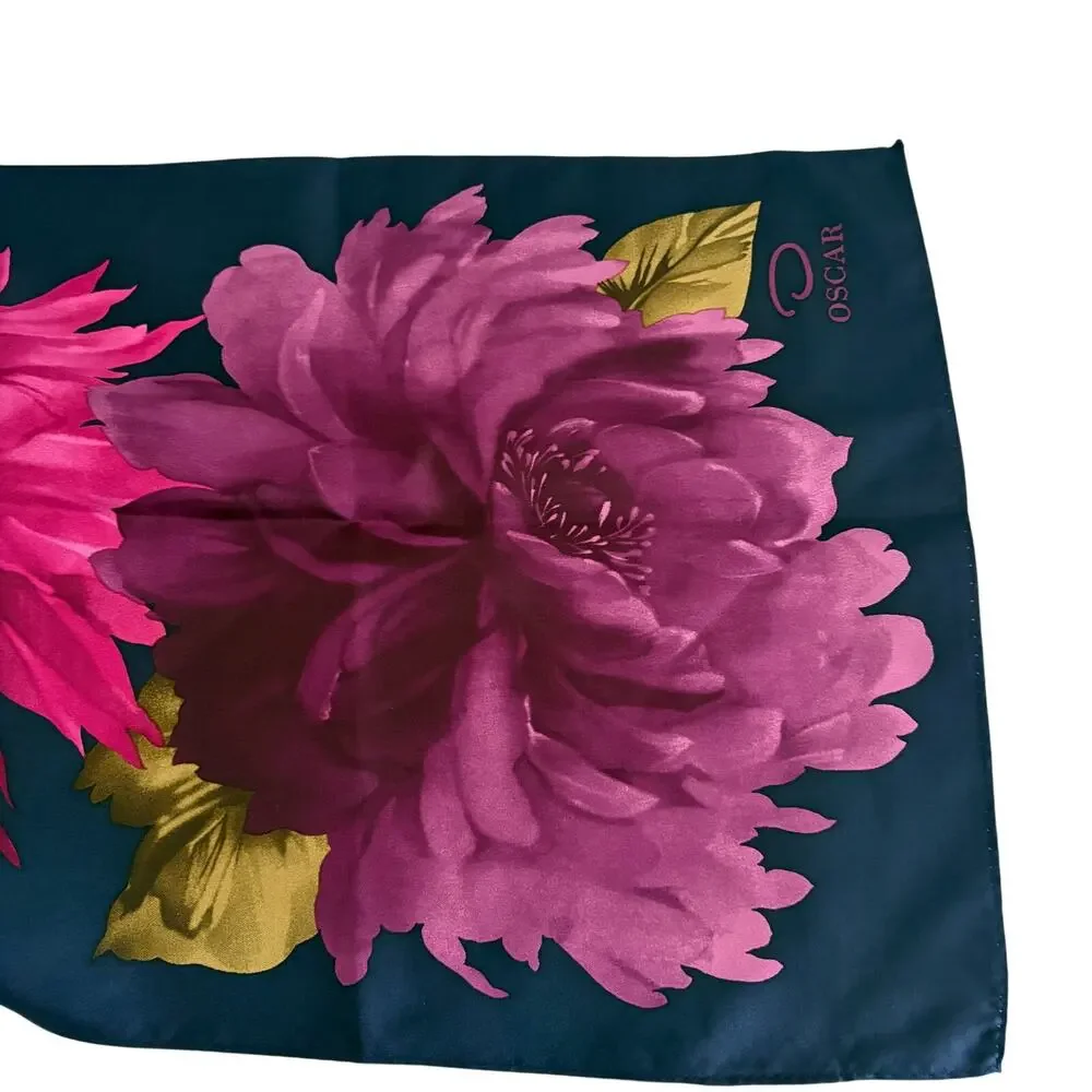 Vintage Y2K Oscar by Oscar de la Renta Long Silk Navy Floral Logo Scarf 11 x 52